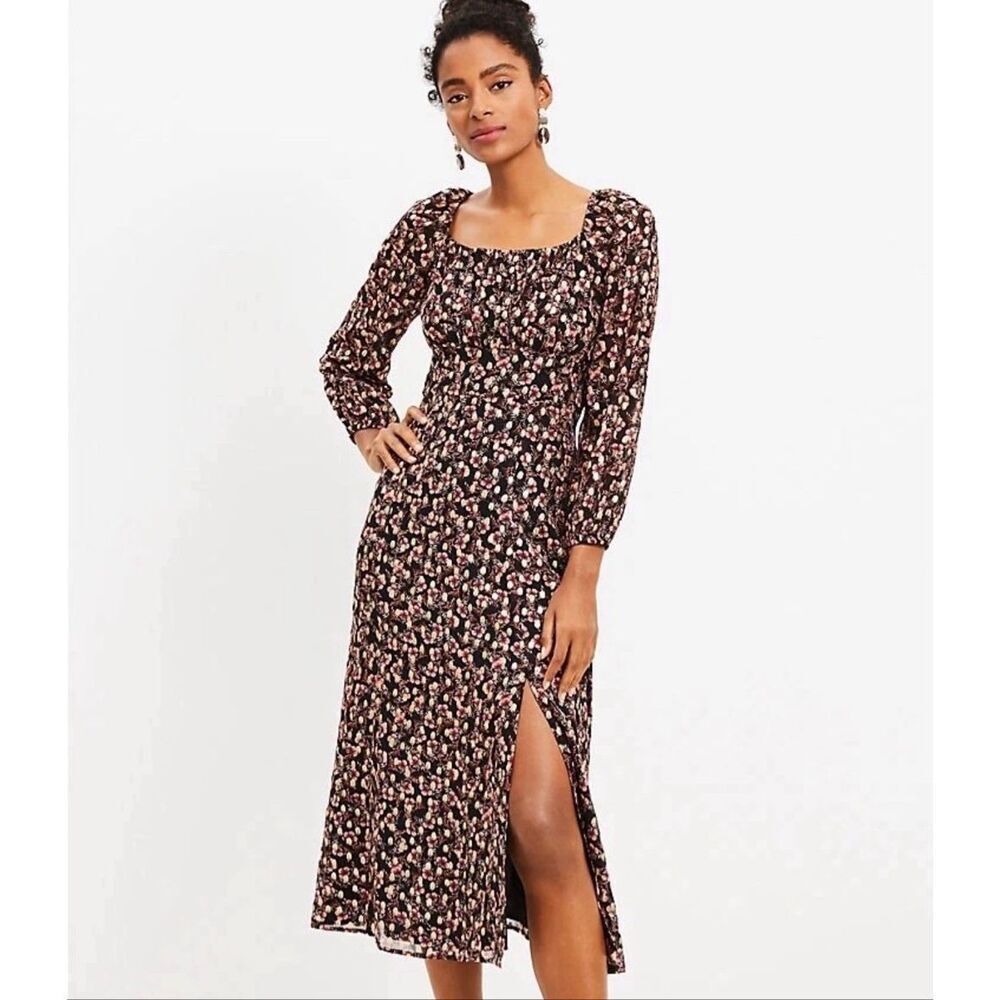 LOFT Metallic Floral Smocked Midi Dress Size 0 Black Gold Side Slit
